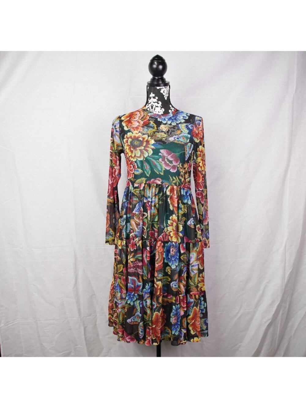 Johnny Was Jade Long Sleeve Mesh Tired Dress Small Floral Print W/ Slip NWT $225